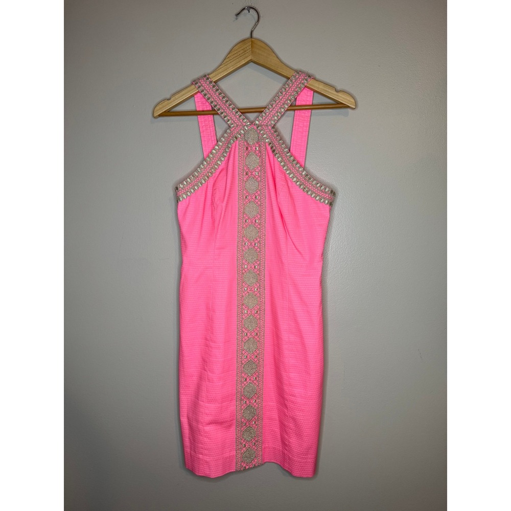 Lilly Pulitzer Pink Textured Shift Dress Gold Metallic Embroidery Halter‎ Size 2